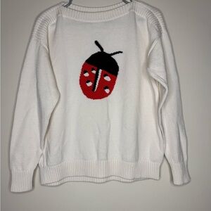 LOFT White Sweater with Red and Black Ladybug Design 100% Cotton